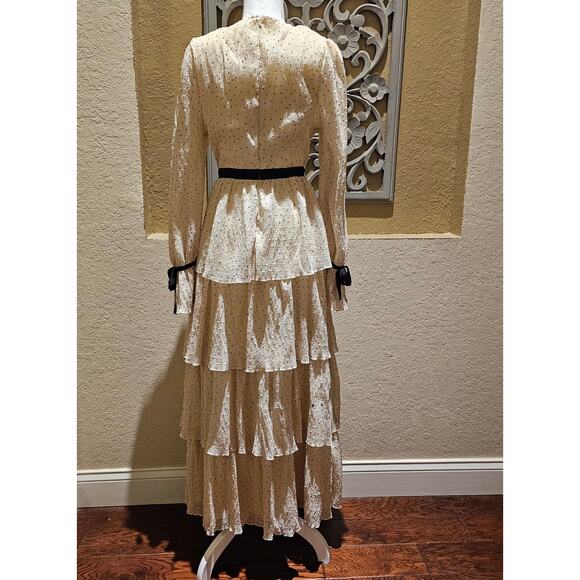 Just Me S Tiered  Dress Cream Holiday Party Cottagecore Vintage Wedding Guest - Picture 4 of 10
